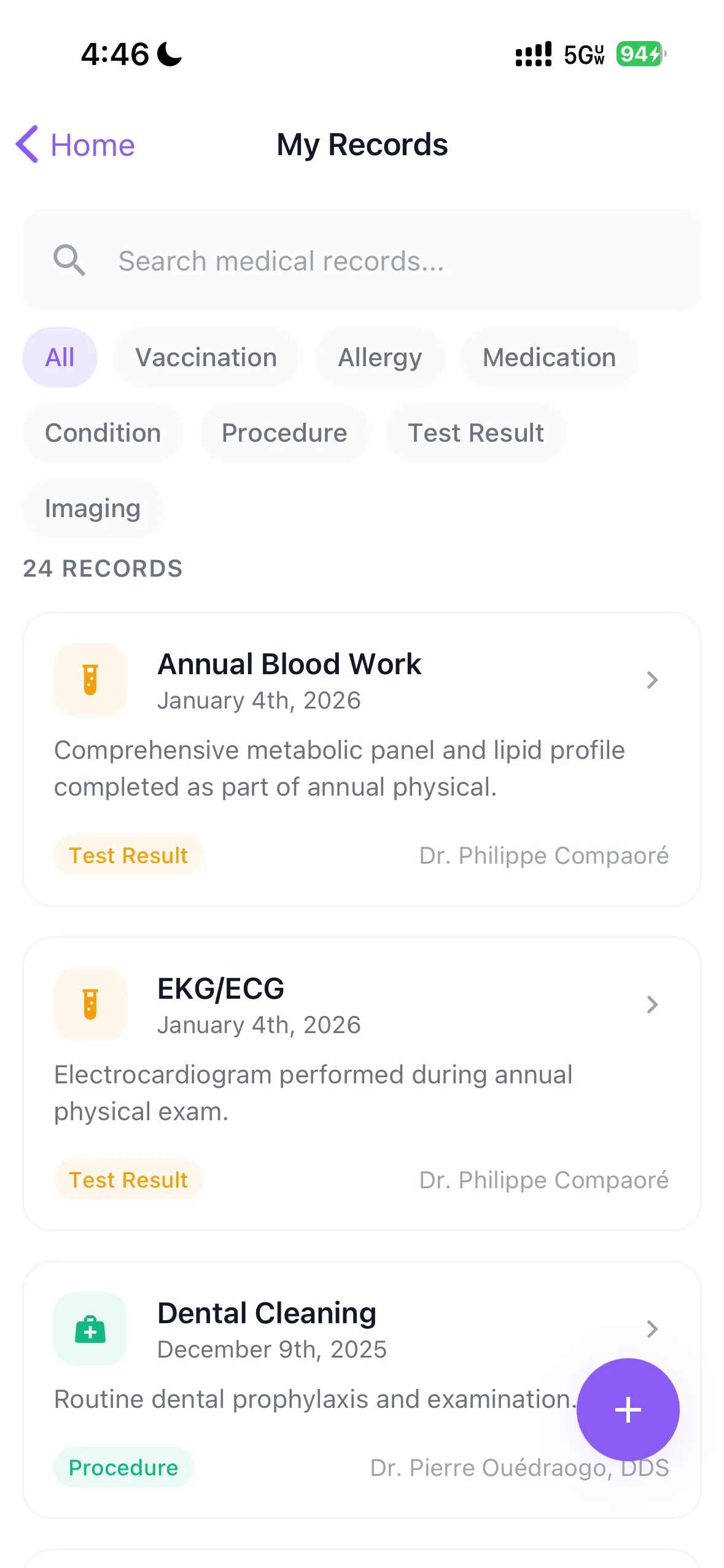 Health records screen