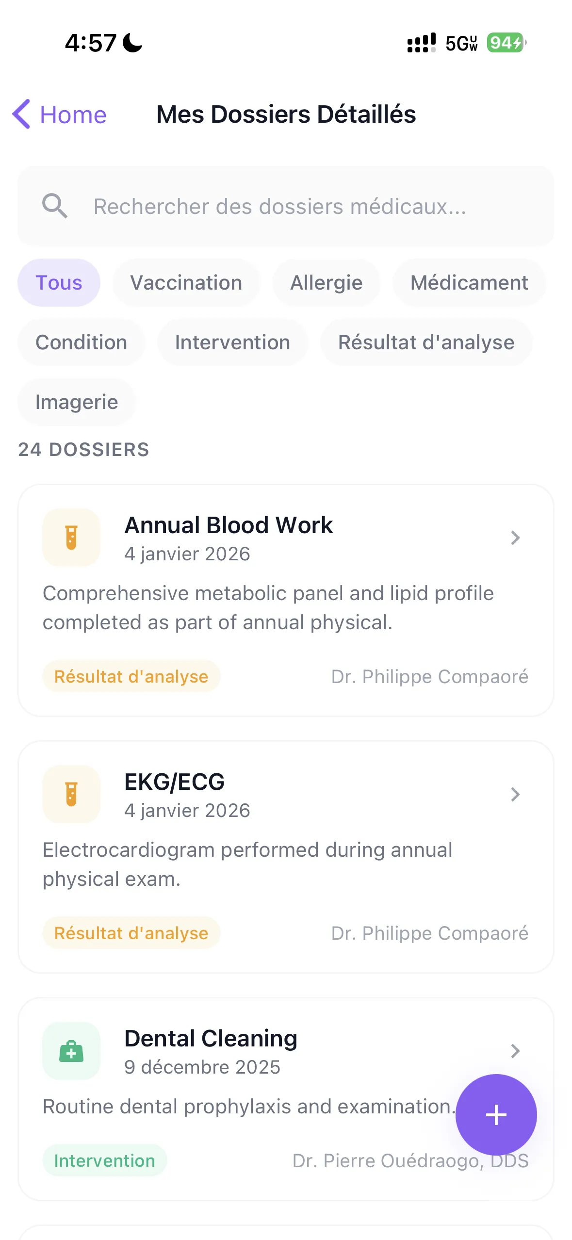 Écran des dossiers de santé